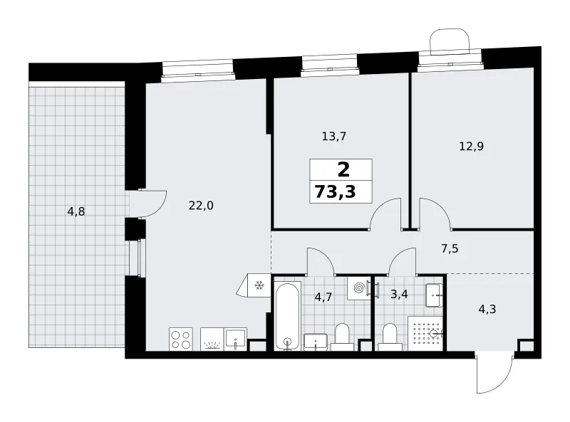 2-комн. 73.3 м²