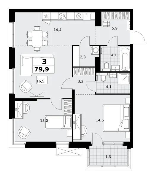 3-комн. 79.9 м²