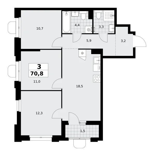 3-комн. 70.8 м²