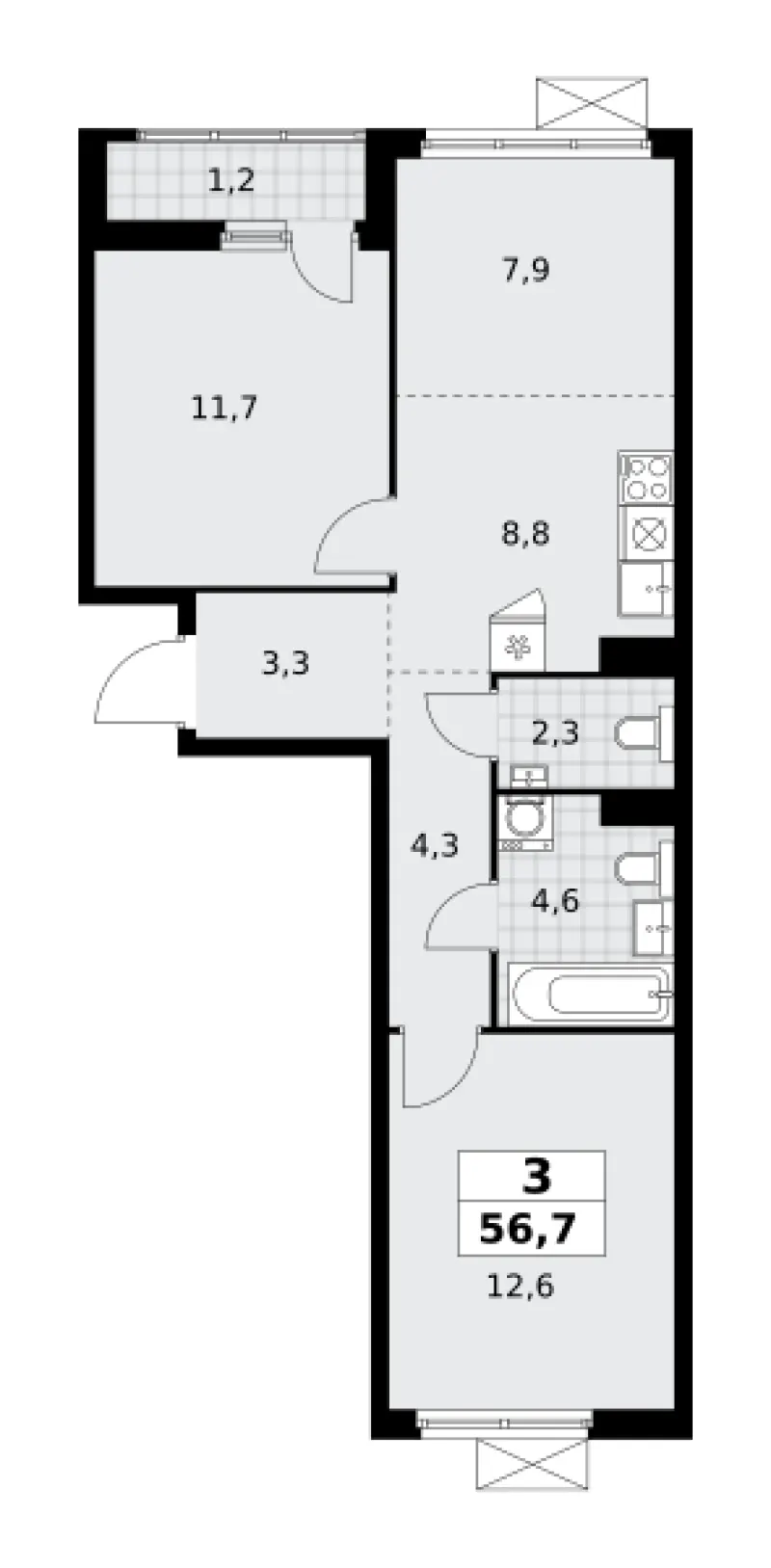 3-комн. 56.8 м²
