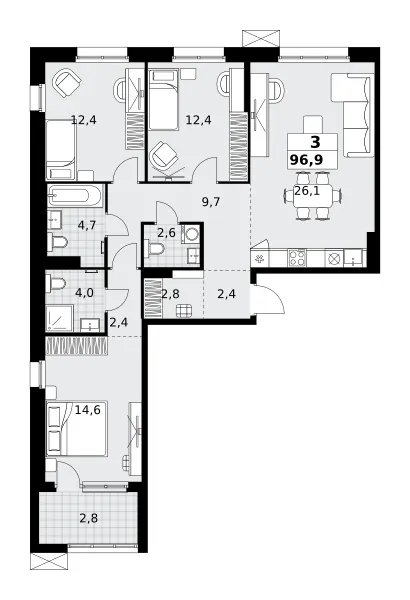3-комн. 96.9 м²