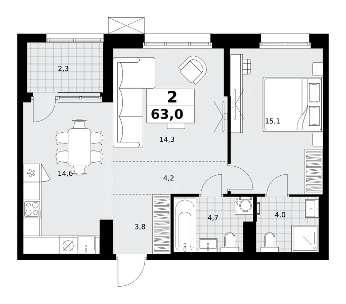 2-комн. 63 м²