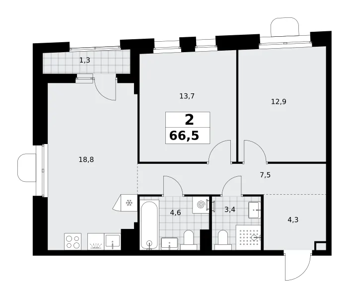 2-комн. 66.5 м²