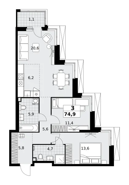 3-комн. 74.9 м²