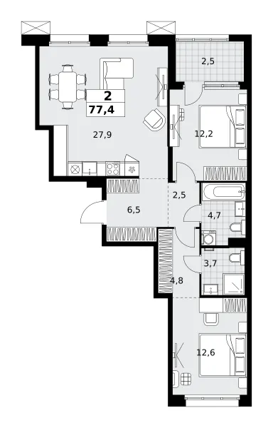 2-комн. 77.4 м²