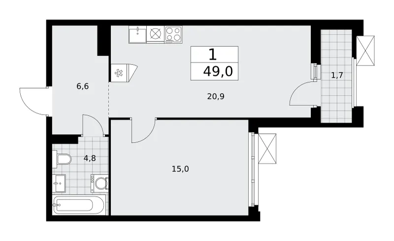 1-комн. 49 м²