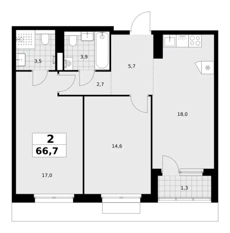 2-комн. 66.7 м²