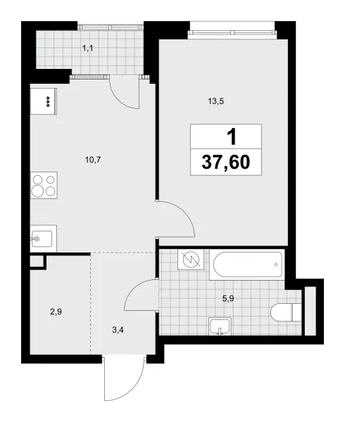 1-комн. 37.6 м²