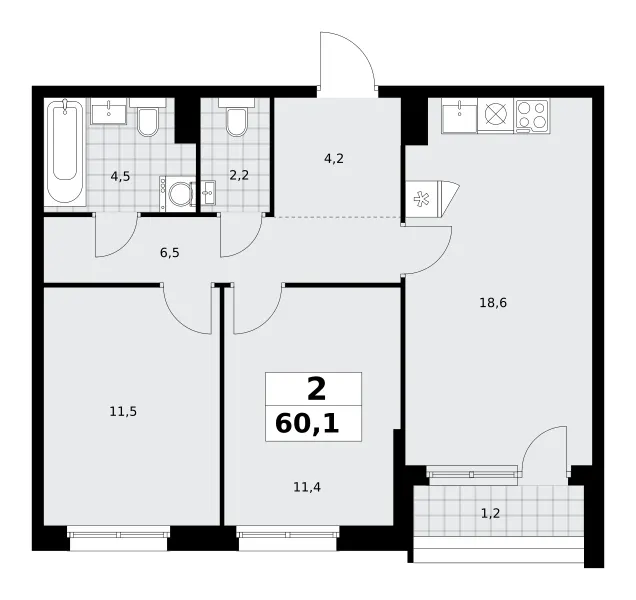 2-комн. 60.1 м²