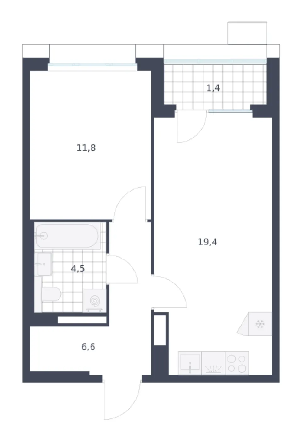 1-комн. 43,7 м²
