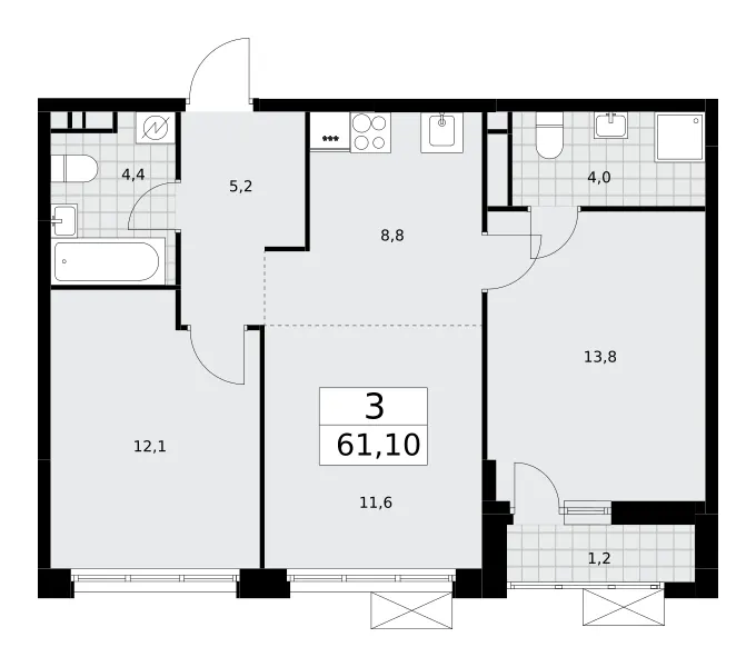3-комн. 61.1 м²