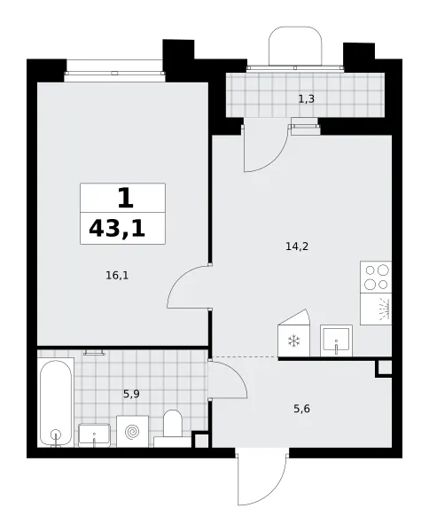 1-комн. 43.1 м²