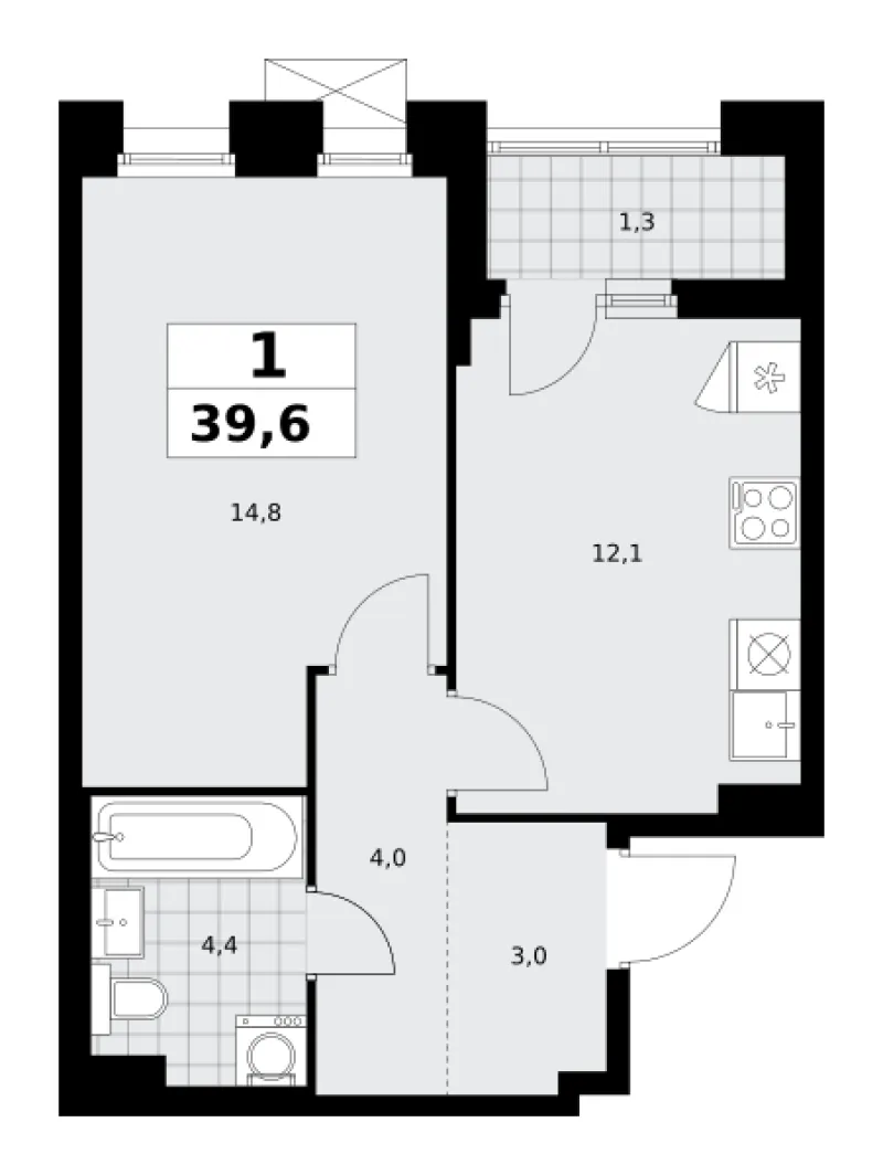 1-комн. 39.6 м²