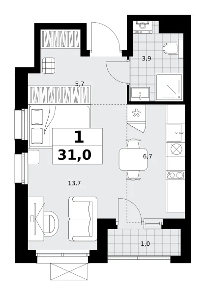 Студия 31 м²