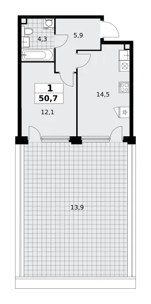 1-комн. 50.7 м²