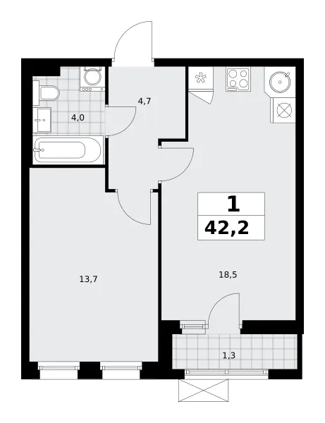 1-комн. 42.2 м²