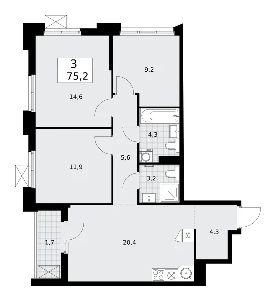 3-комн. 75.2 м²
