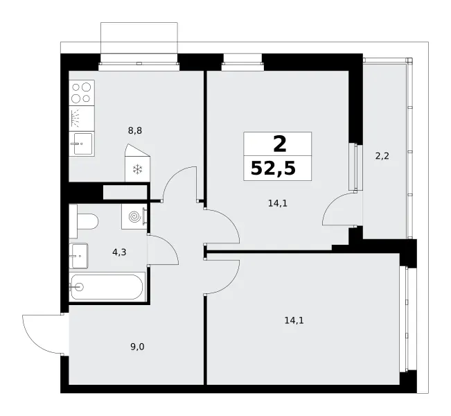 2-комн. 52.5 м²