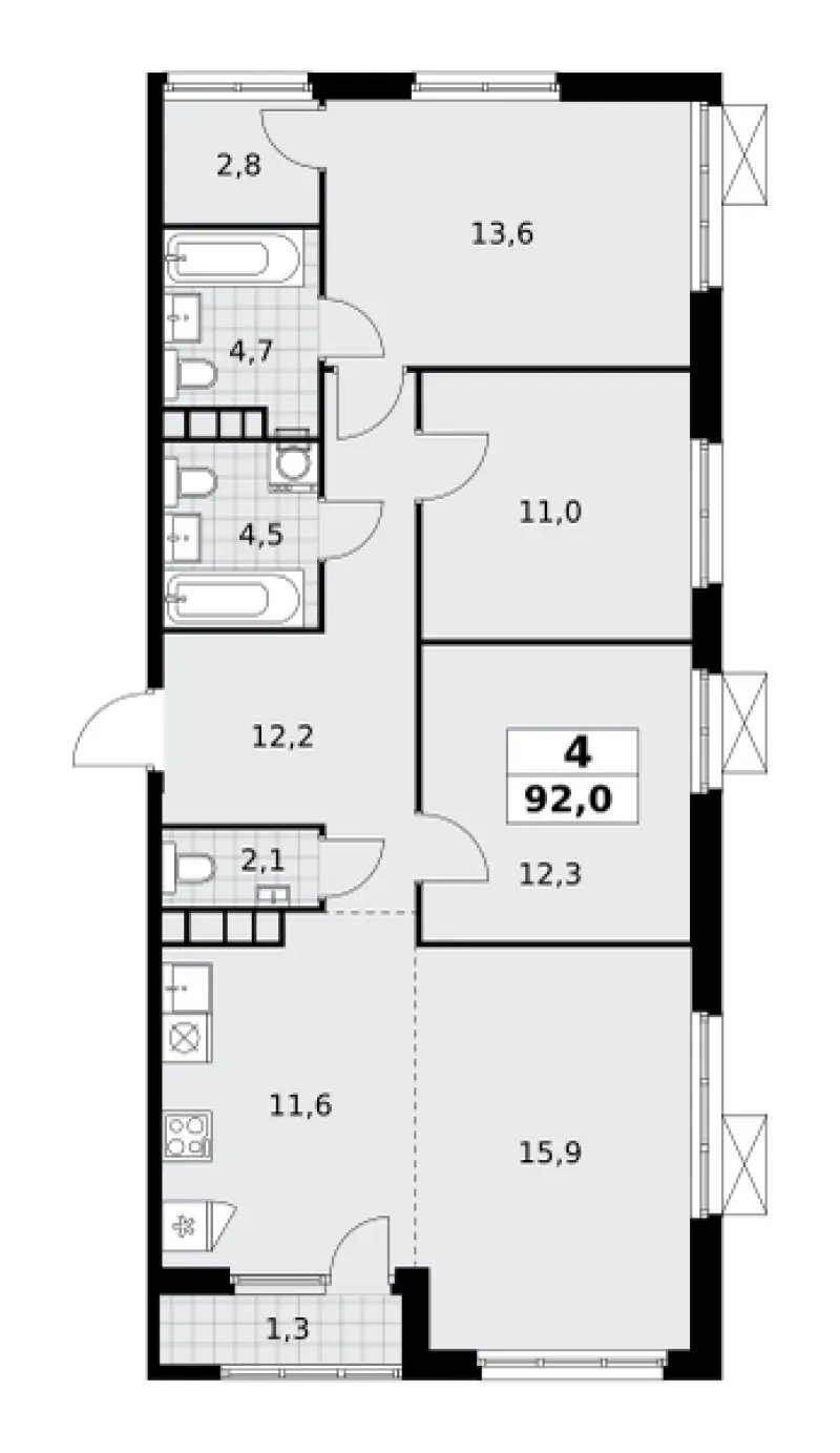 4-комн. 92 м²