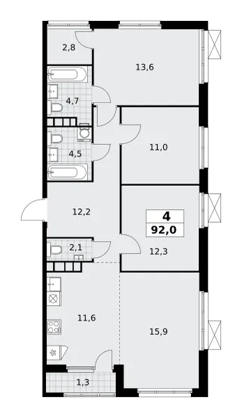 4-комн. 92 м²
