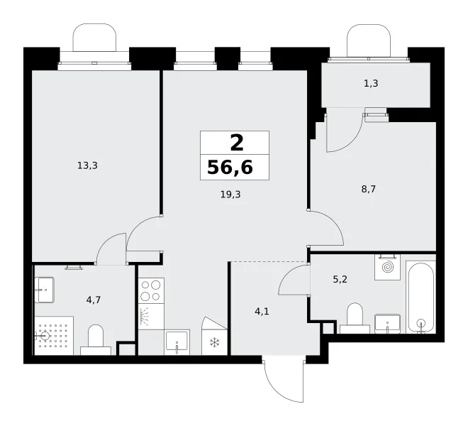 2-комн. 56.6 м²