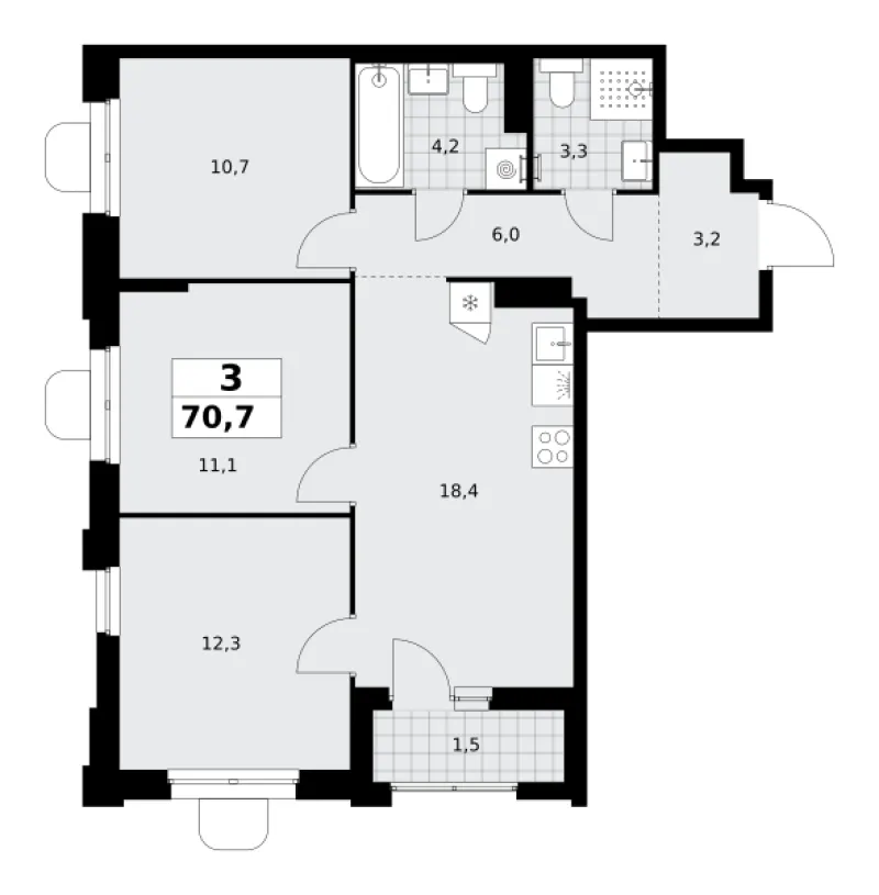3-комн. 70.7 м²