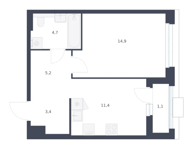 1-комн. 40.7 м²