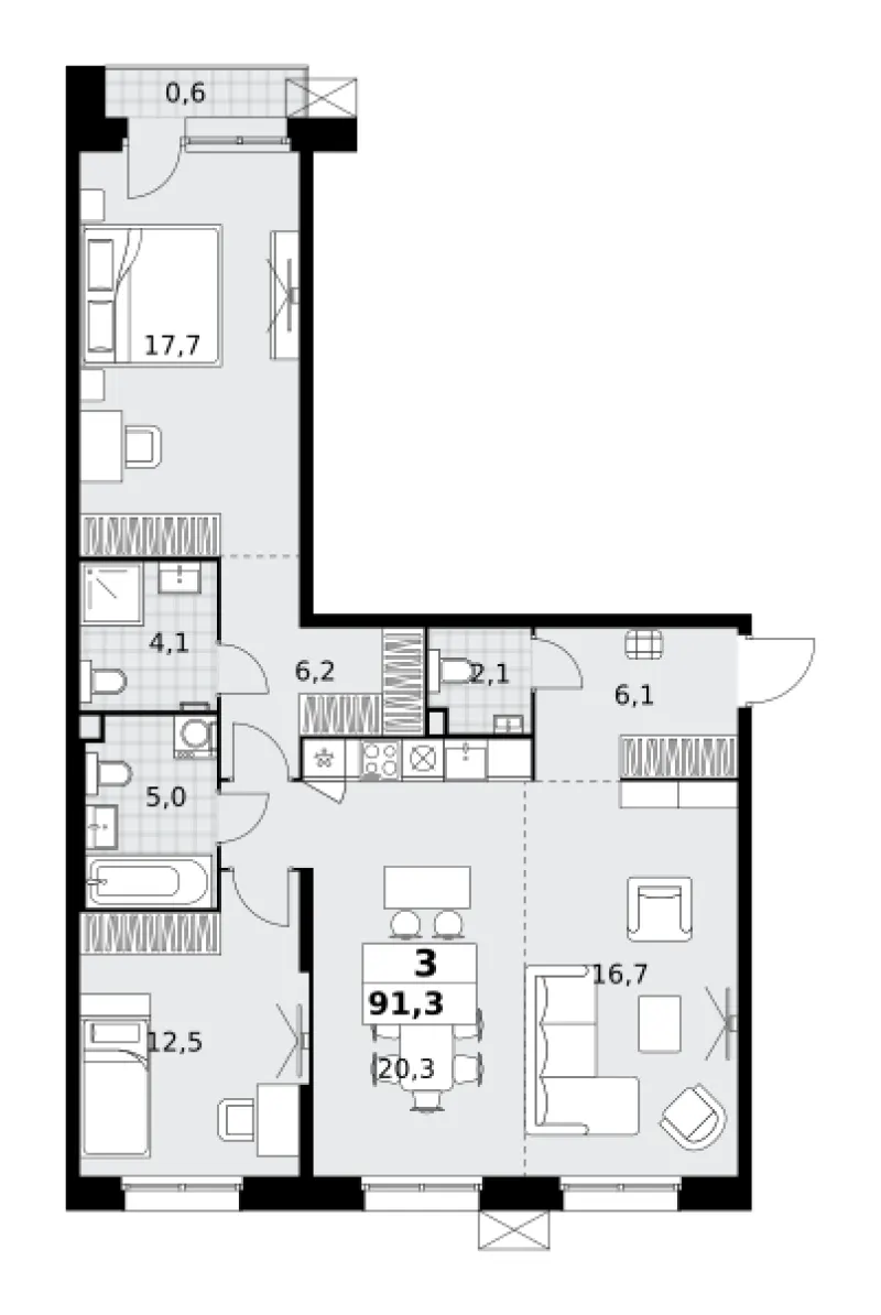 3-комн. 91.3 м²