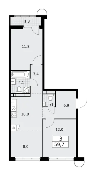 3-комн. 59.7 м²