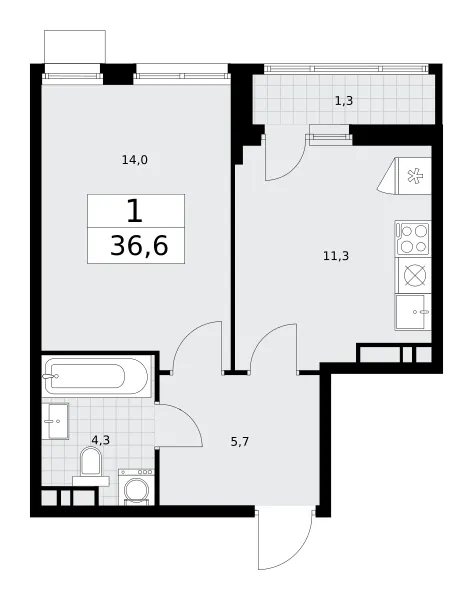 1-комн. 36.6 м²