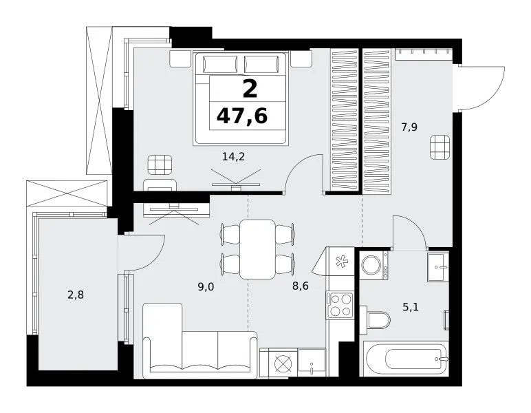 2-комн. 47.6 м²