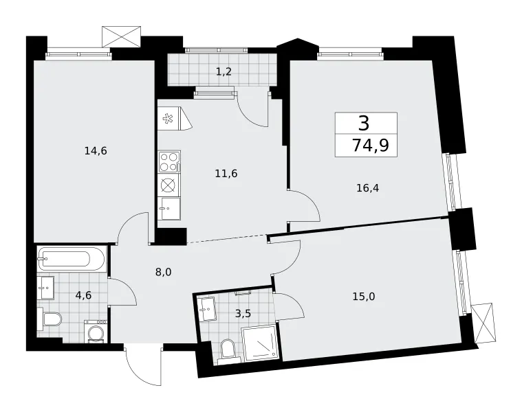 3-комн. 74.9 м²