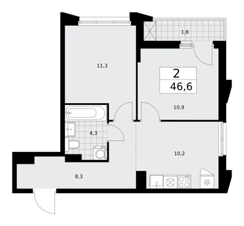 2-комн. 46.6 м²