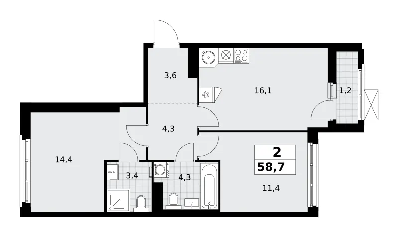 2-комн. 58.7 м²