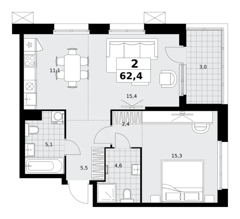 2-комн. 62.4 м²