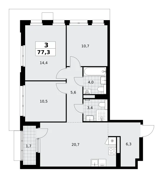 3-комн. 77.3 м²