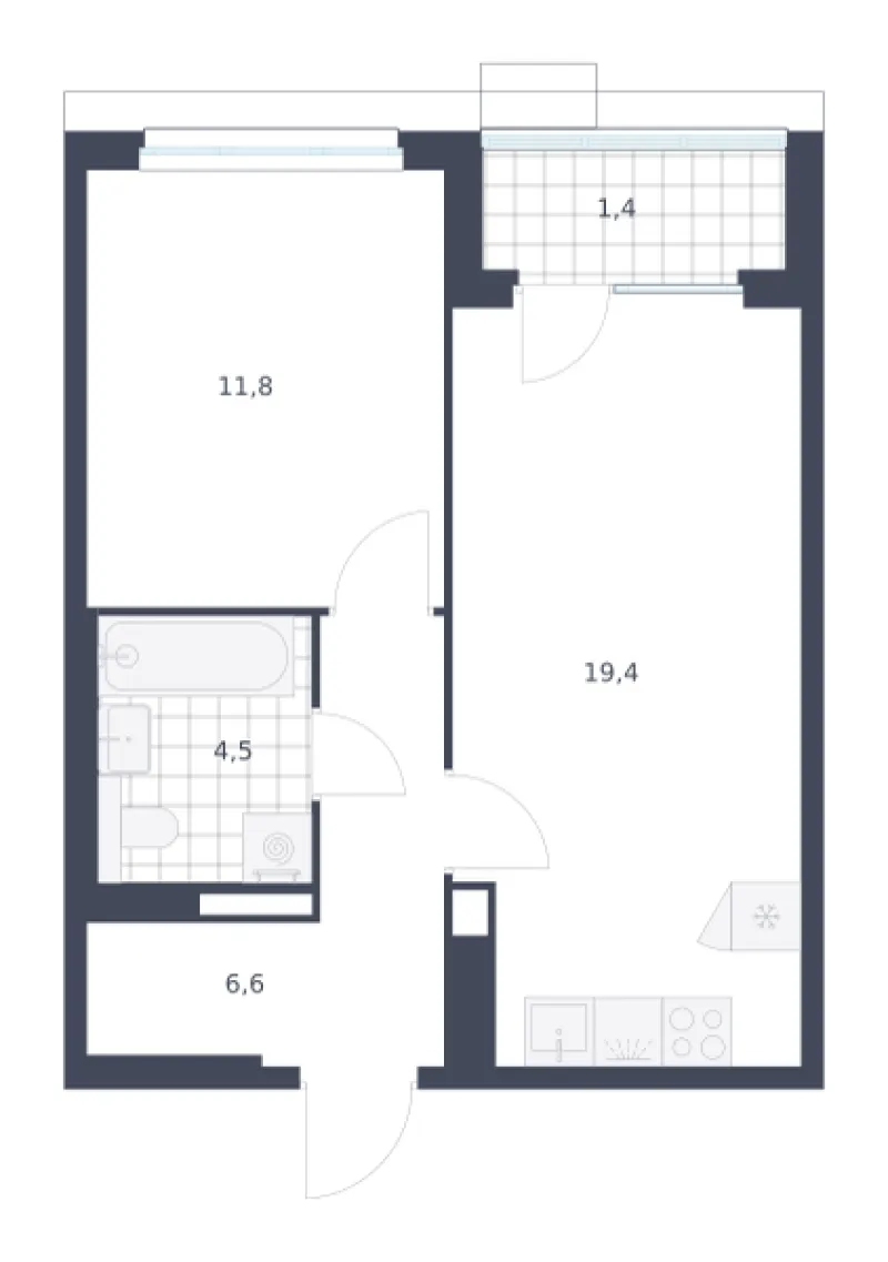 1-комн. 43.7 м²