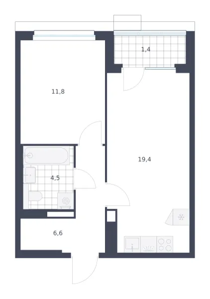 1-комн. 43,7 м²
