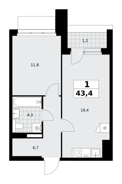 1-комн. 43.4 м²