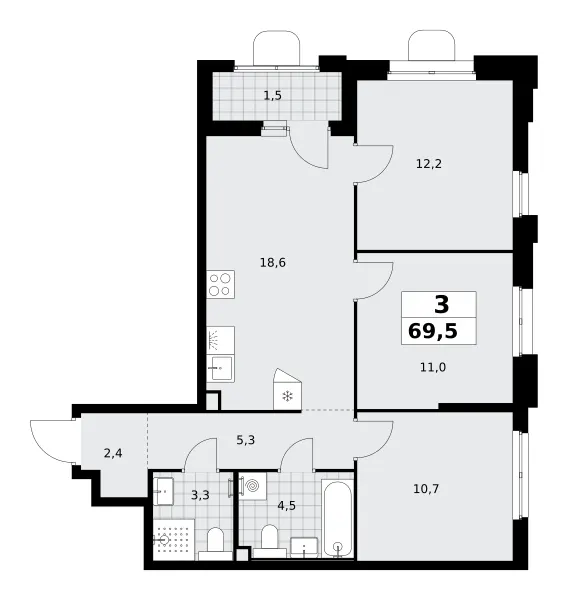 3-комн. 69.5 м²