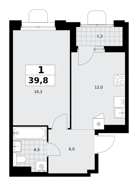 1-комн. 39.8 м²