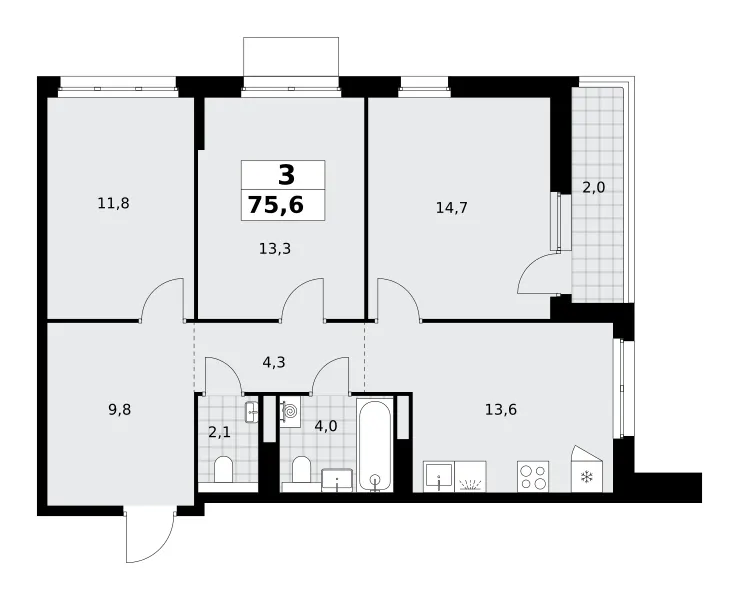 3-комн. 75.6 м²