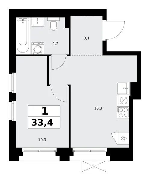 1-комн. 33.4 м²