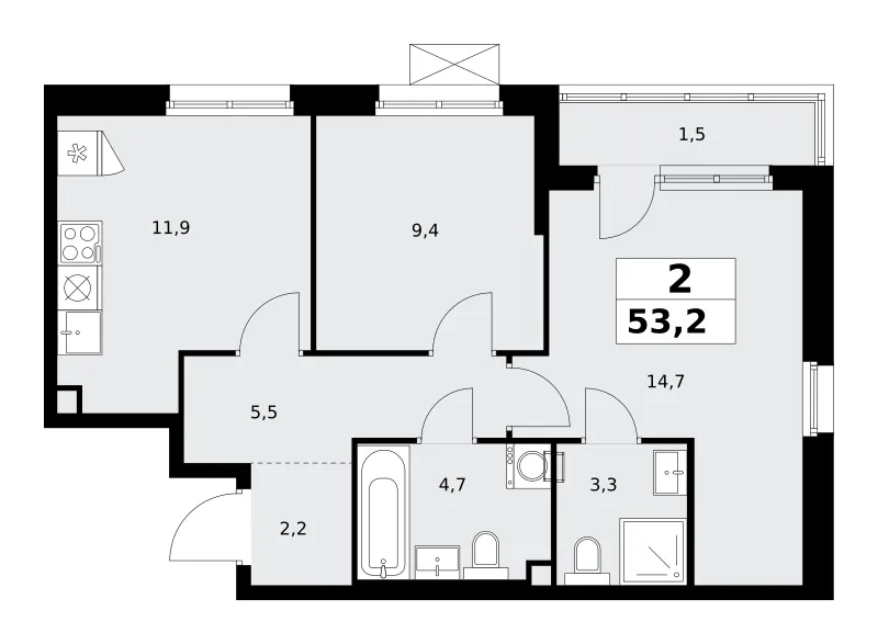 2-комн. 53.2 м²
