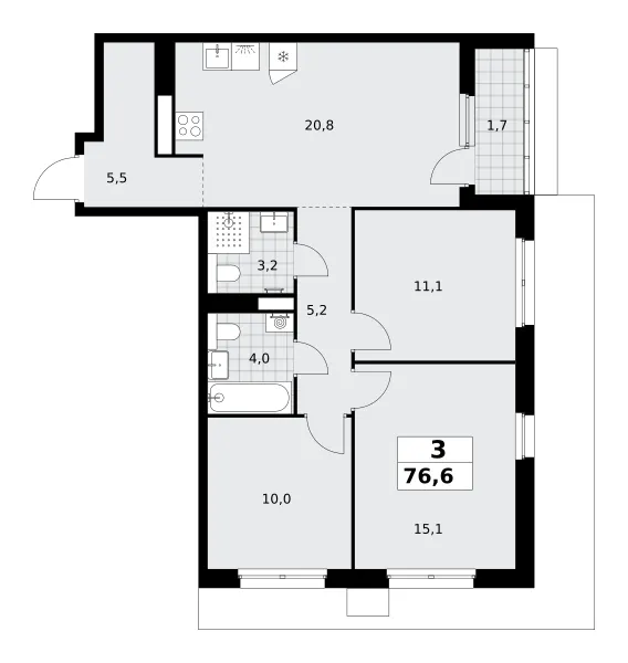 3-комн. 76.6 м²