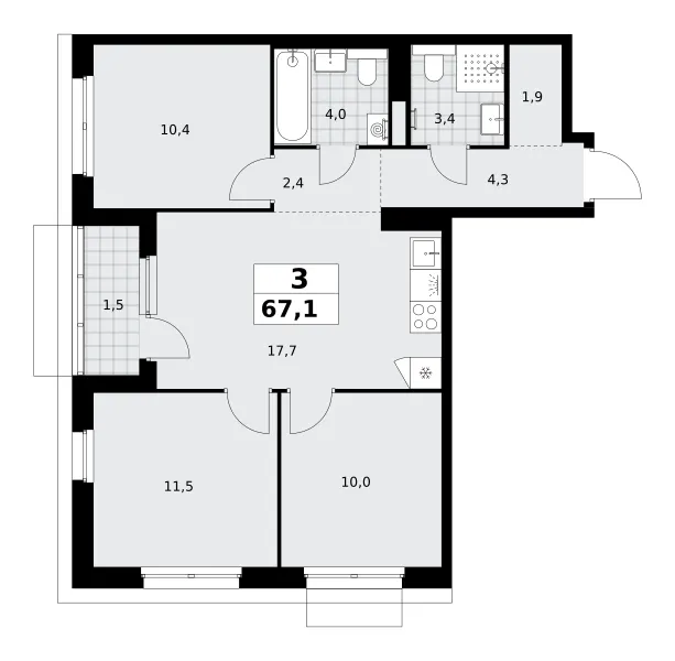 3-комн. 67.1 м²