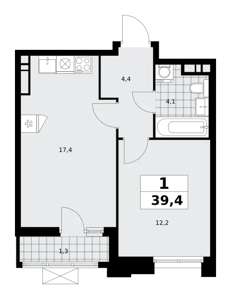 1-комн. 39.4 м²