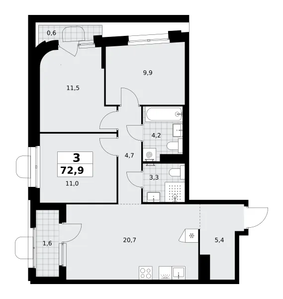 3-комн. 72.9 м²