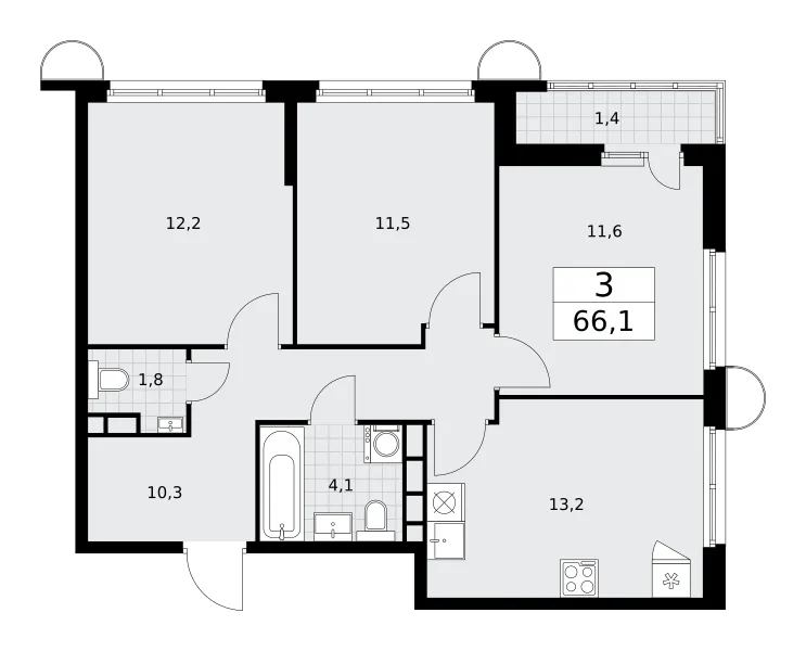 3-комн. 66.1 м²