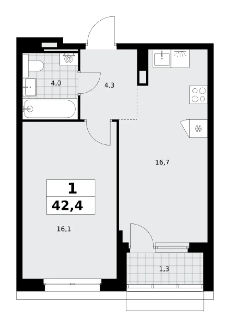 1-комн. 42.4 м²